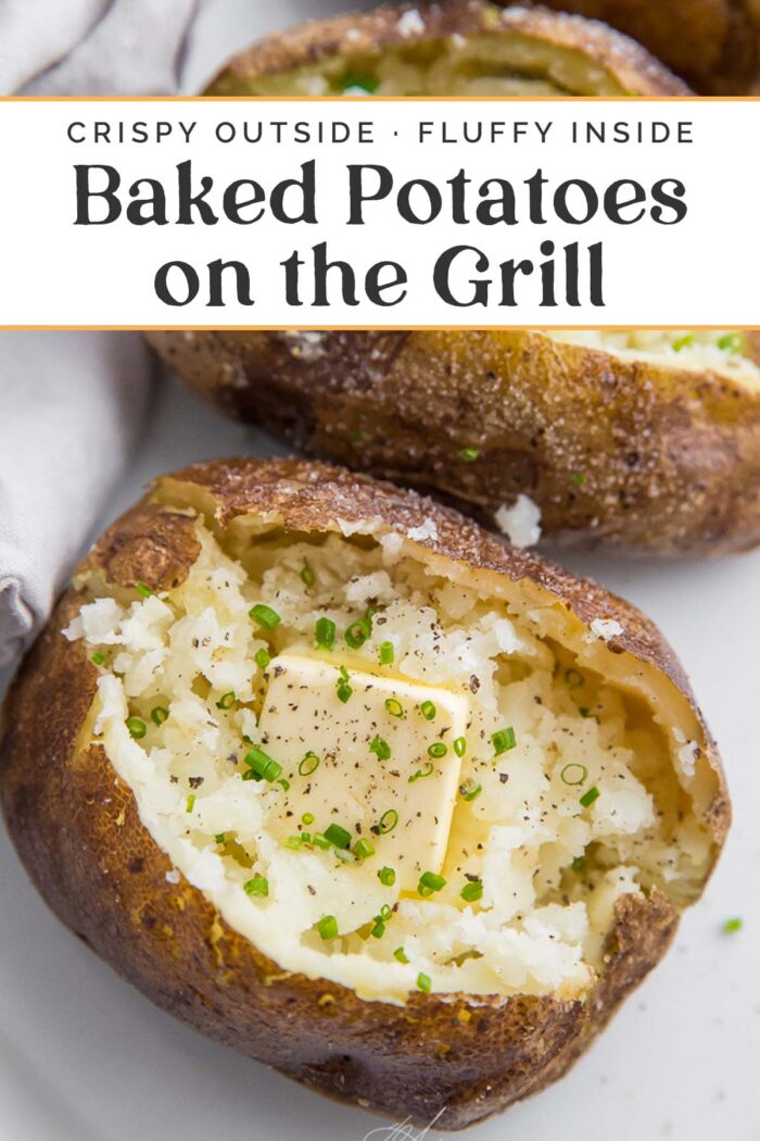 Pin graphic for baked potatoes on the grill.