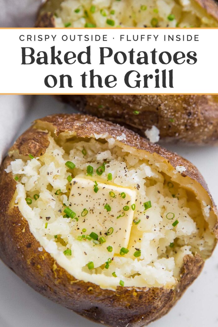 Pin graphic for baked potatoes on the grill.