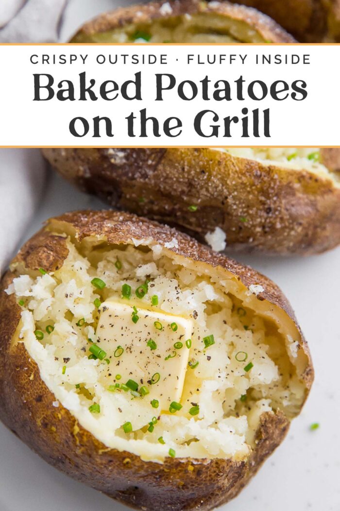 Pin graphic for baked potatoes on the grill.