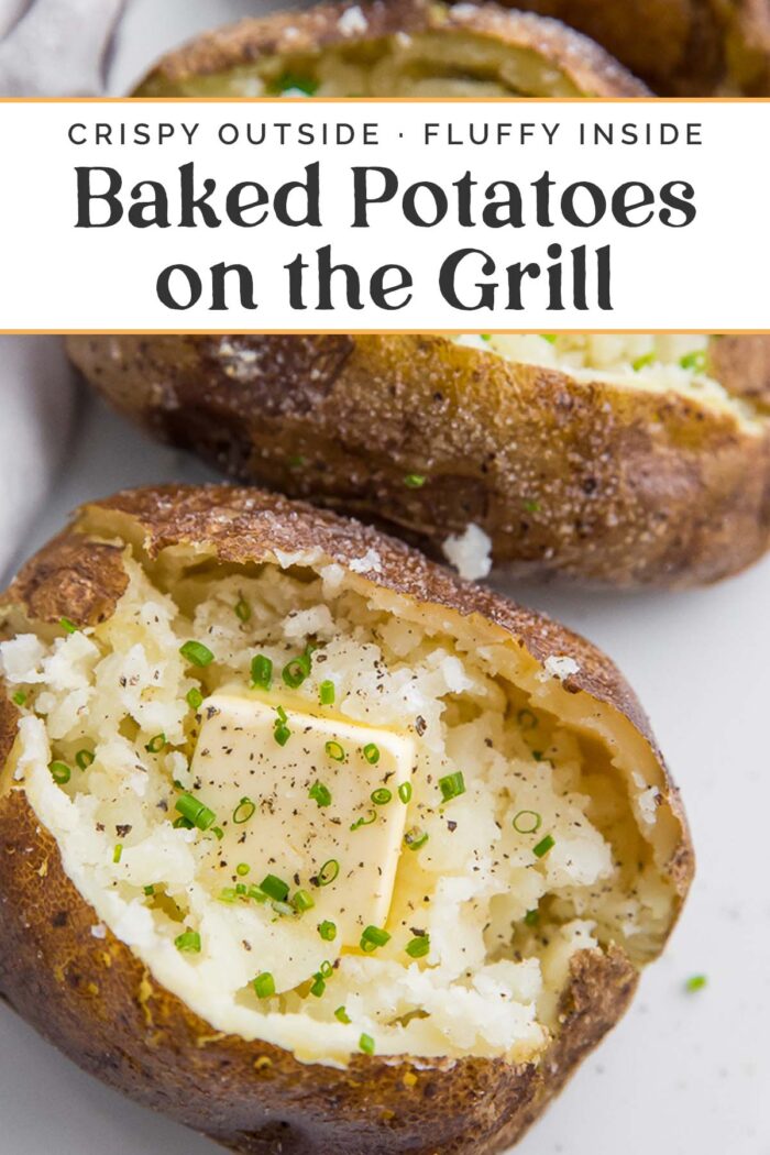 Pin graphic for baked potatoes on the grill.