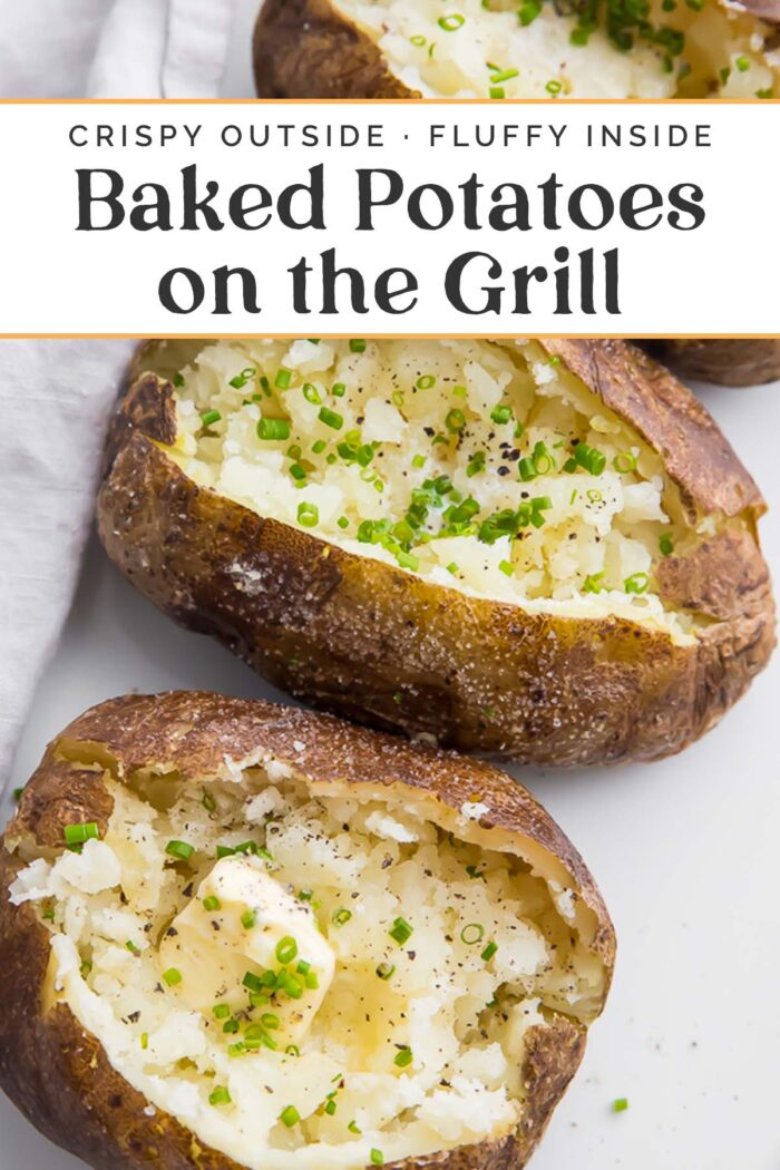 Pin graphic for baked potatoes on the grill.