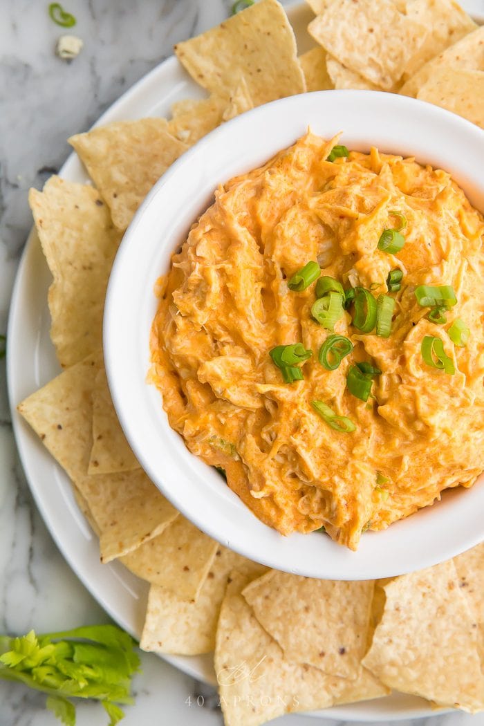 Dip serevd on a plate with tortilla chips