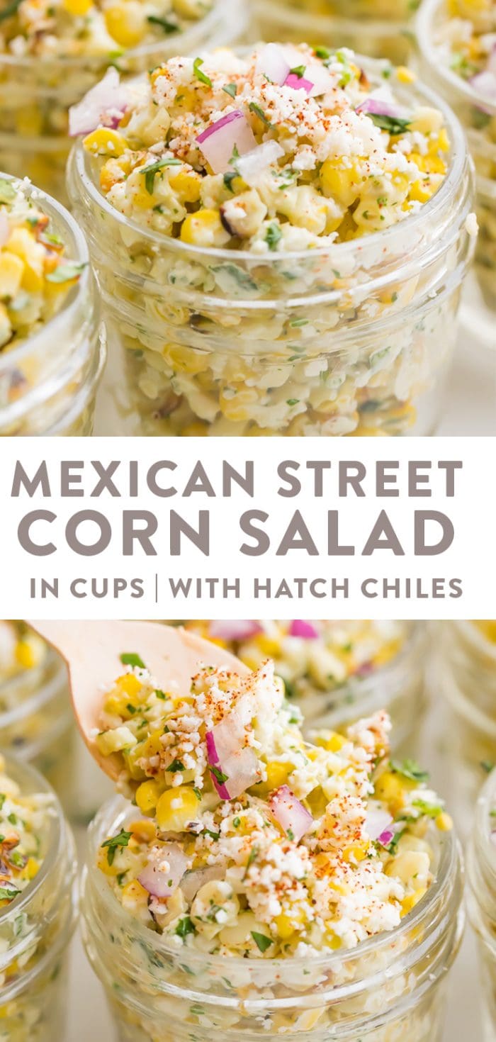 Mexican Street Corn Salad in cups with Hatch chiles Pinterest graphic