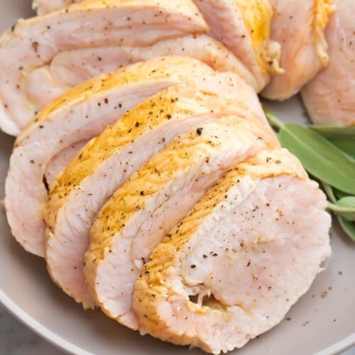 Close up of sliced sous vide turkey breast