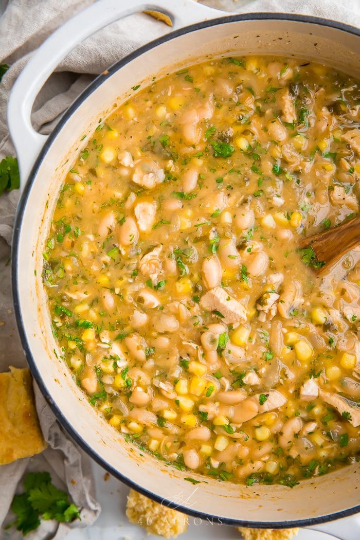 White bean chili in a pot ready to serve