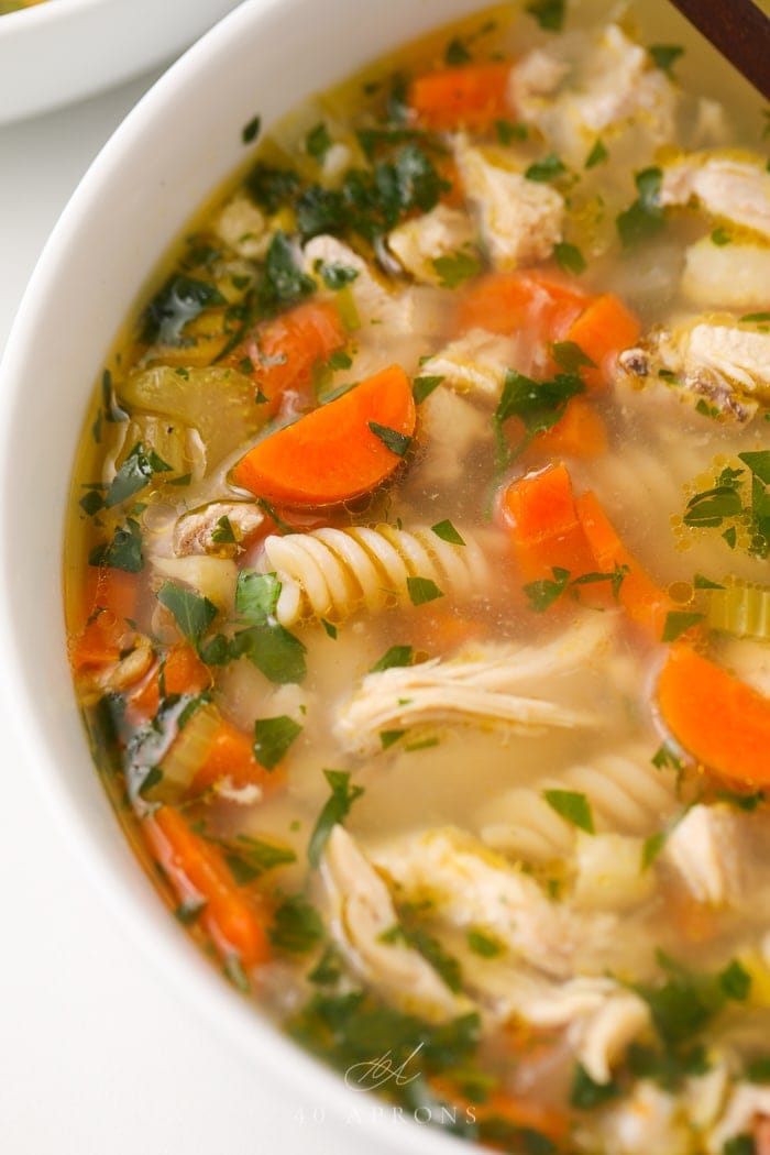 Close up of chicken noodle soup