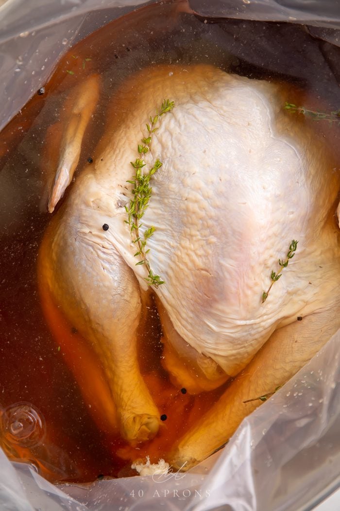 Close up of a turkey brining in a large container