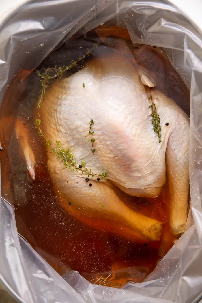 A turkey brining in a large container