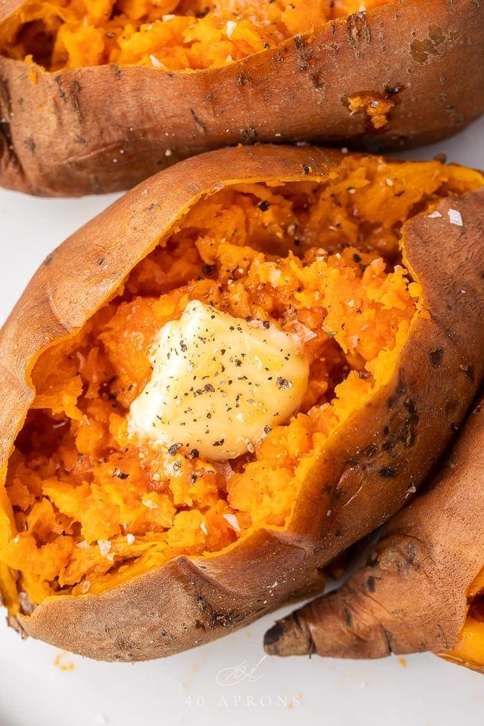 Close up of melting butter in an instant pot sweet potato