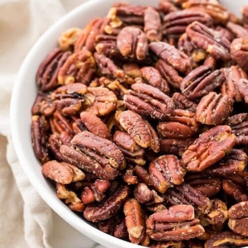 Toasted pecans in a serving dish