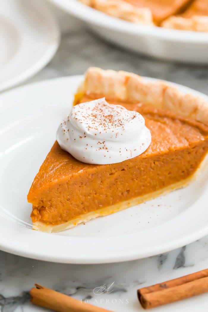 Close up of a slice of vegan pumpkin pie