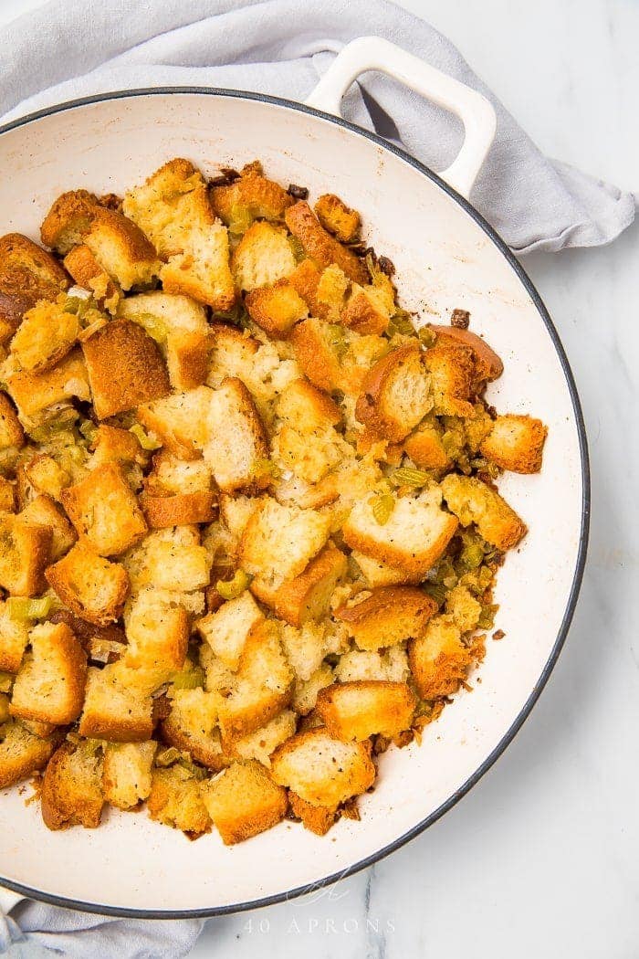 Gluten free bred stuffing on a white plate