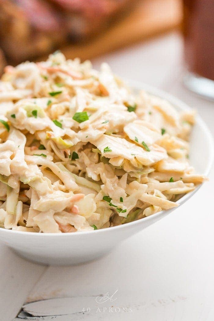 Healthy coleslaw in a white bowl