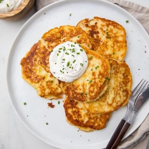 Leftover mashed potato pancakes served on a white plate