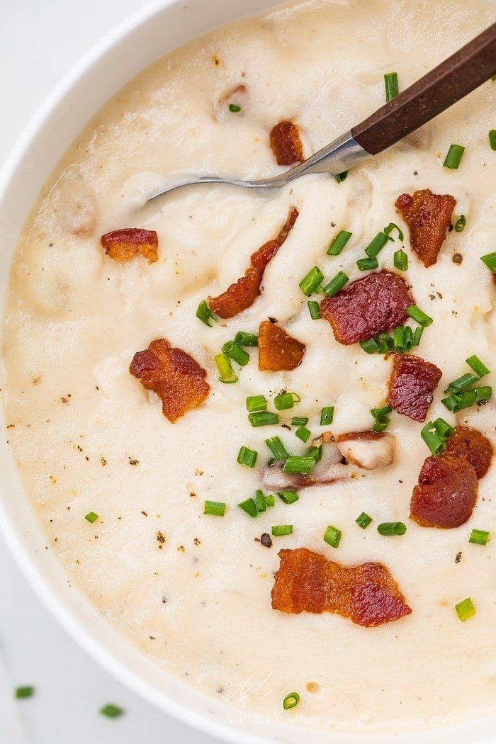 Whole30 potato soup up close with bacon and chives