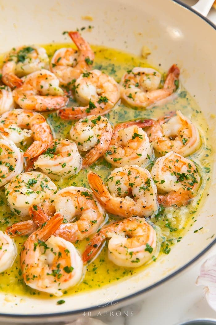 Garlic butter shrimp in a skillet