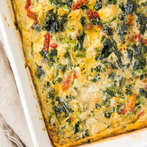 Baked Italian breakfast casserole in a white oven dish