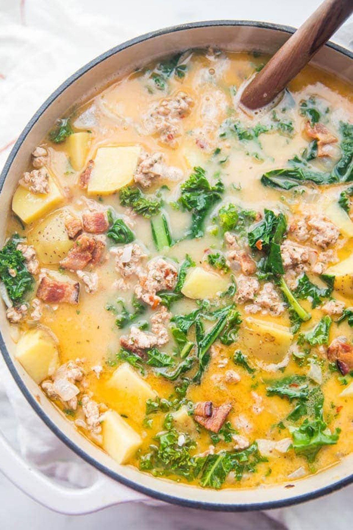 A large pot of Whole30 healthy zuppa toscana recipe.