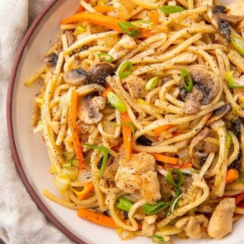 Overhead photo of a bowl of Whole30 chicken lo mein