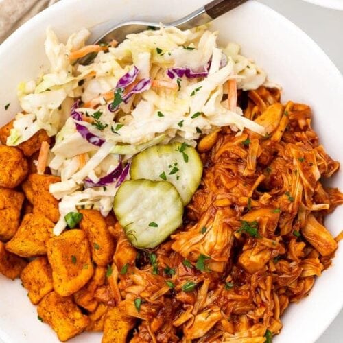 BBQ jackfruit bowl with slaw and pickles