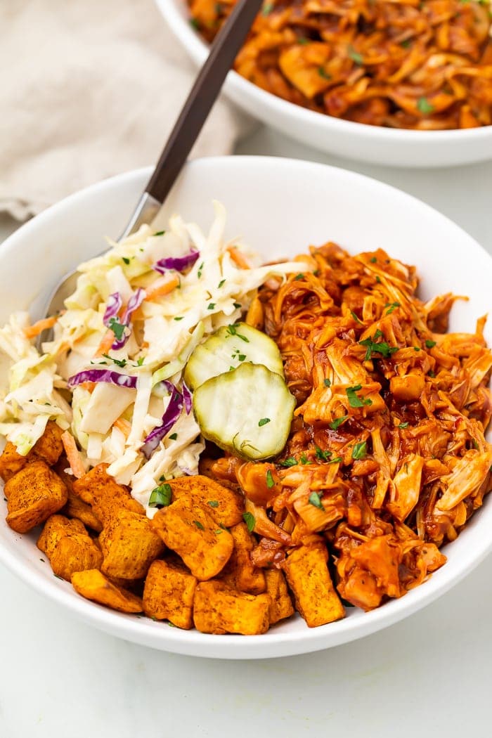 BBQ jackfruit bowl with slaw and pickles