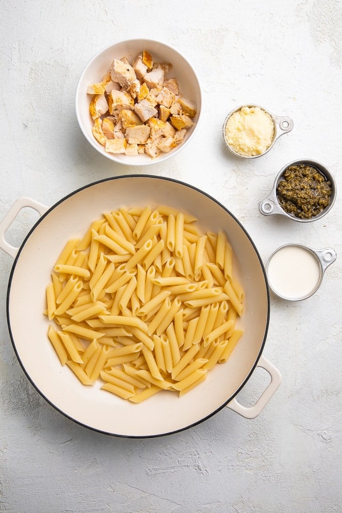 Ingredients for chicken pesto pasta