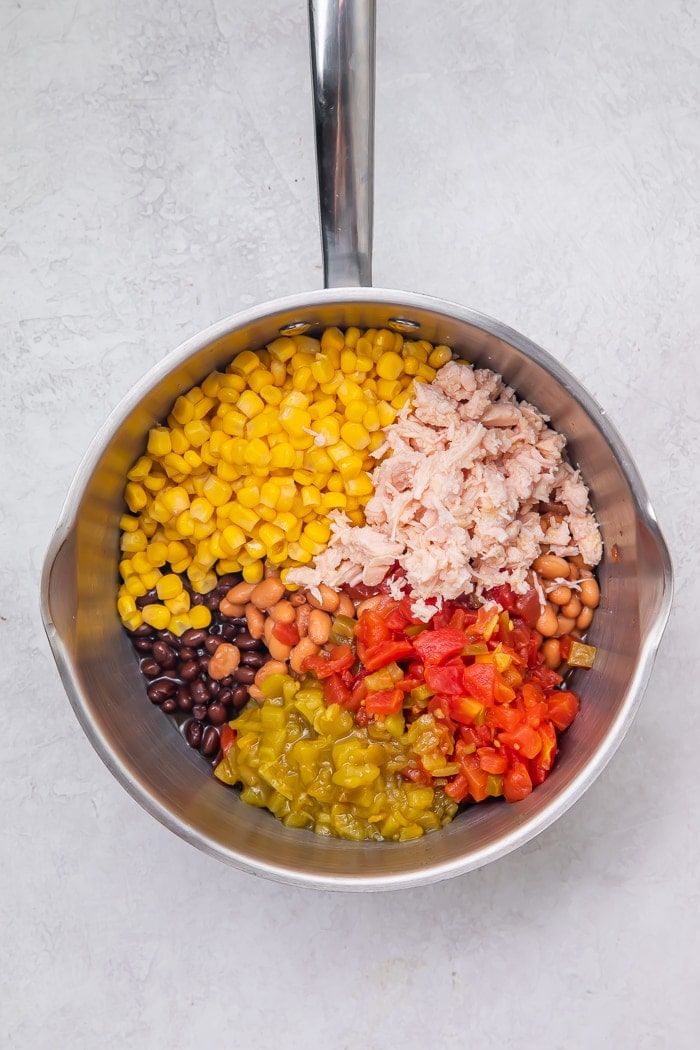 Ingredients for taco soup in a pan