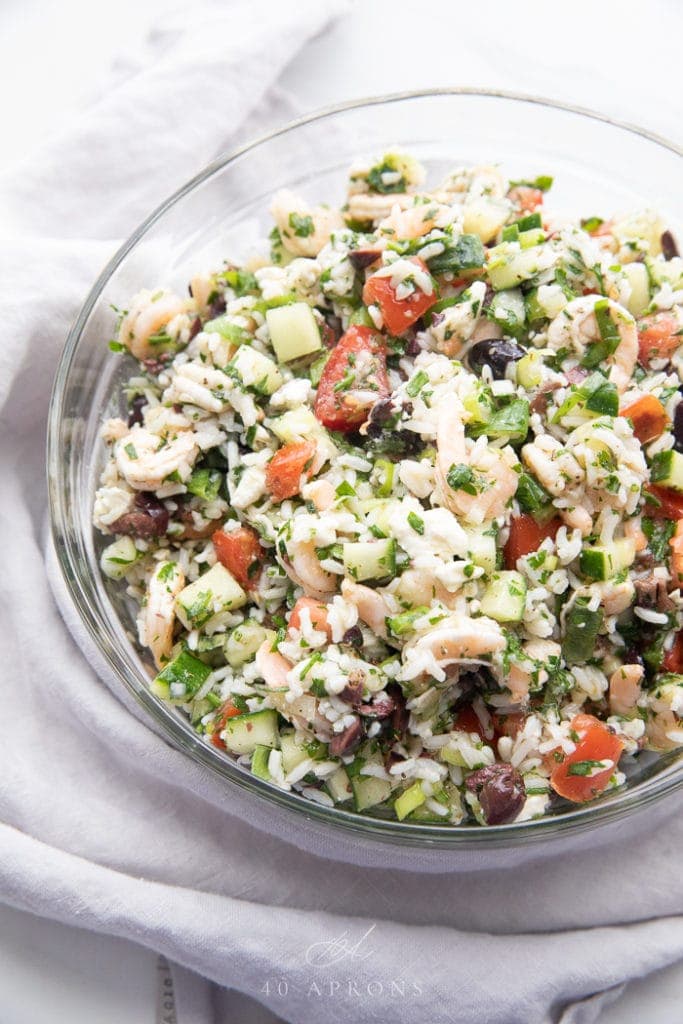 Greek shrimp salad with feta and rice