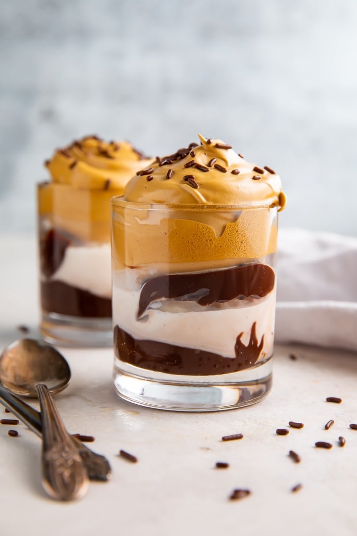 Glasses of whipped coffee ice cream sundae