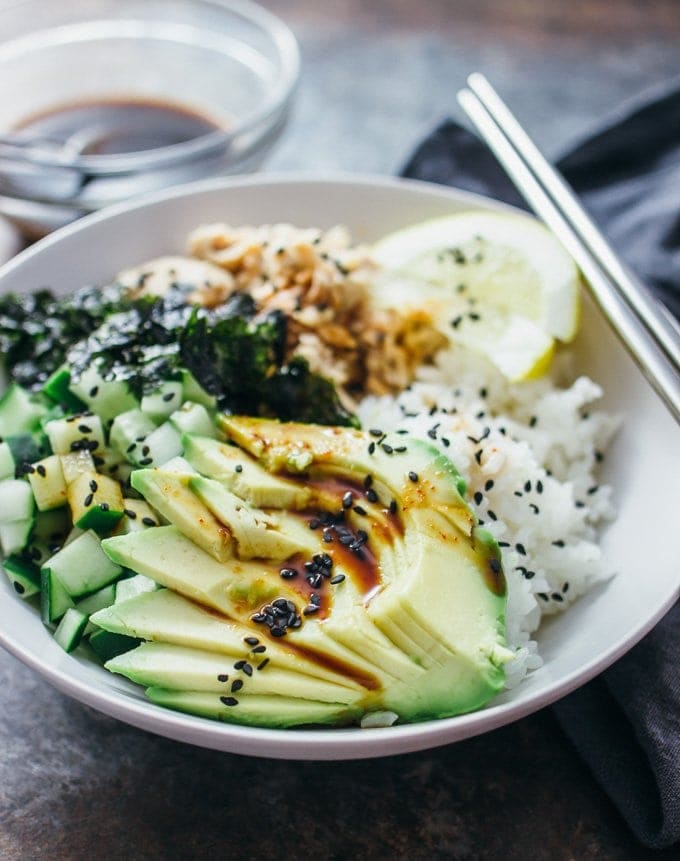 Salmon sushi roll bowl