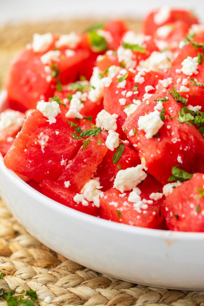 Close up of watermelon and feta salad