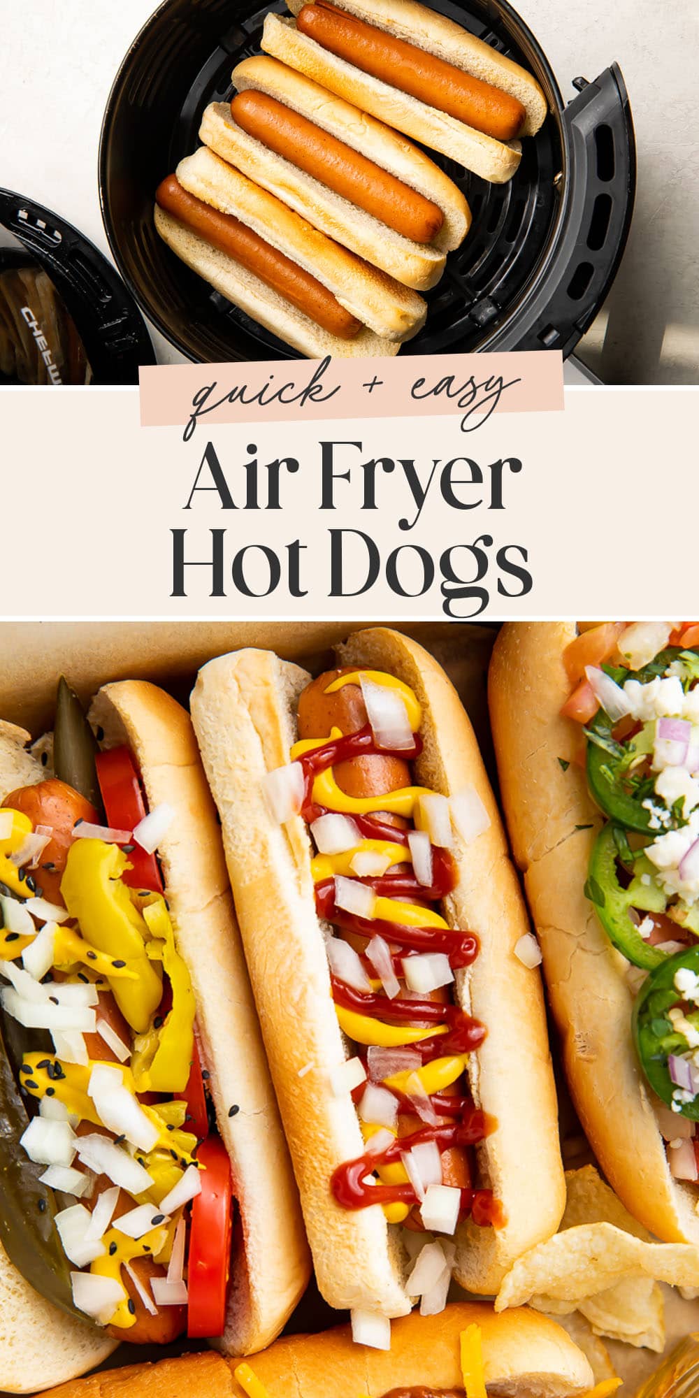 Pin graphic for air fryer hot dogs.