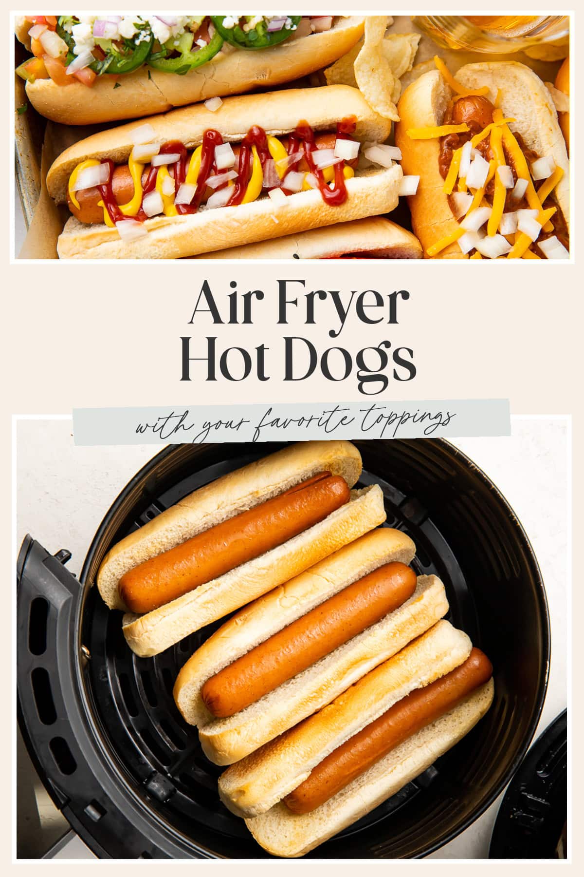 Pin graphic for air fryer hot dogs.