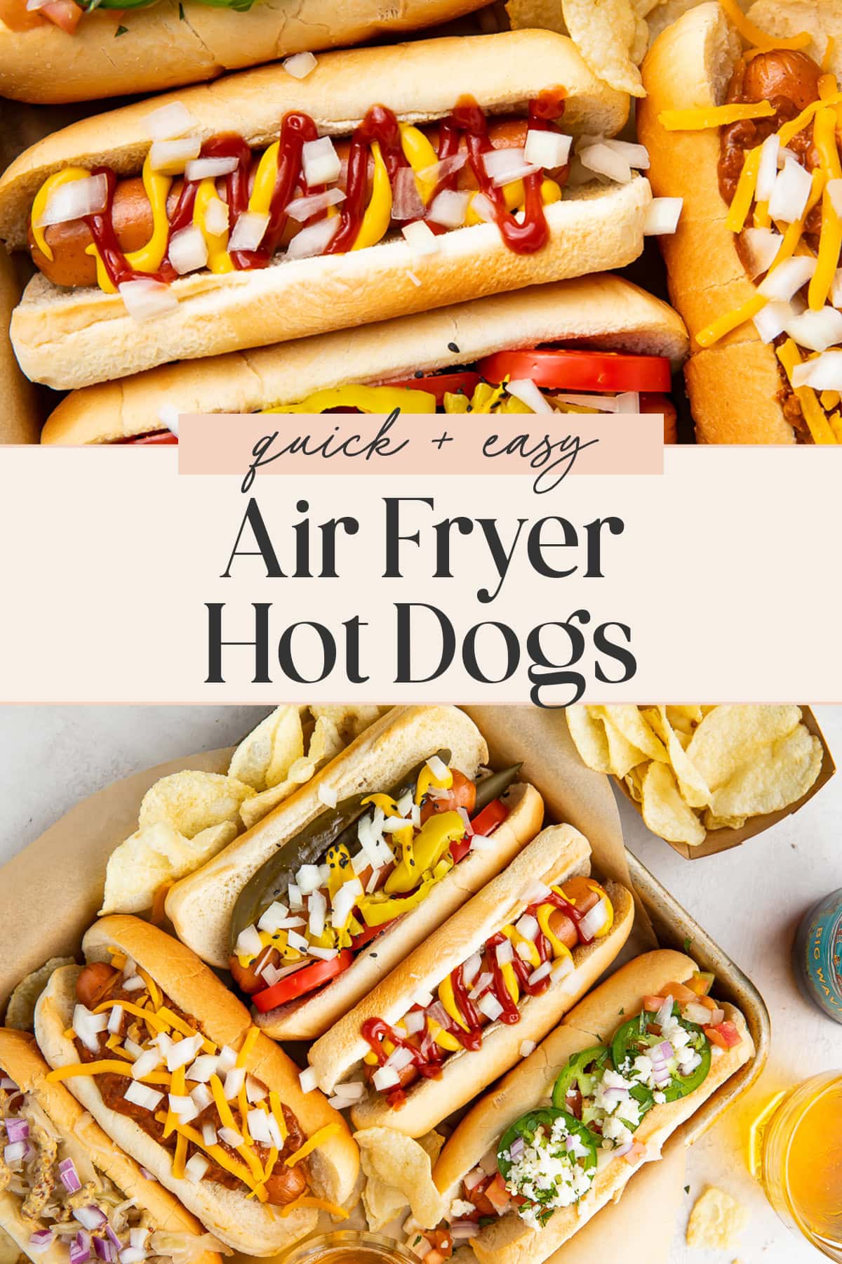 Pin graphic for air fryer hot dogs.