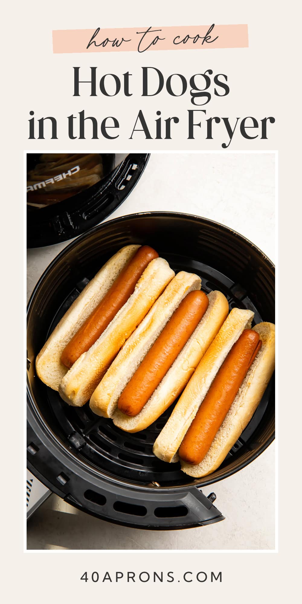 Pin graphic for air fryer hot dogs.