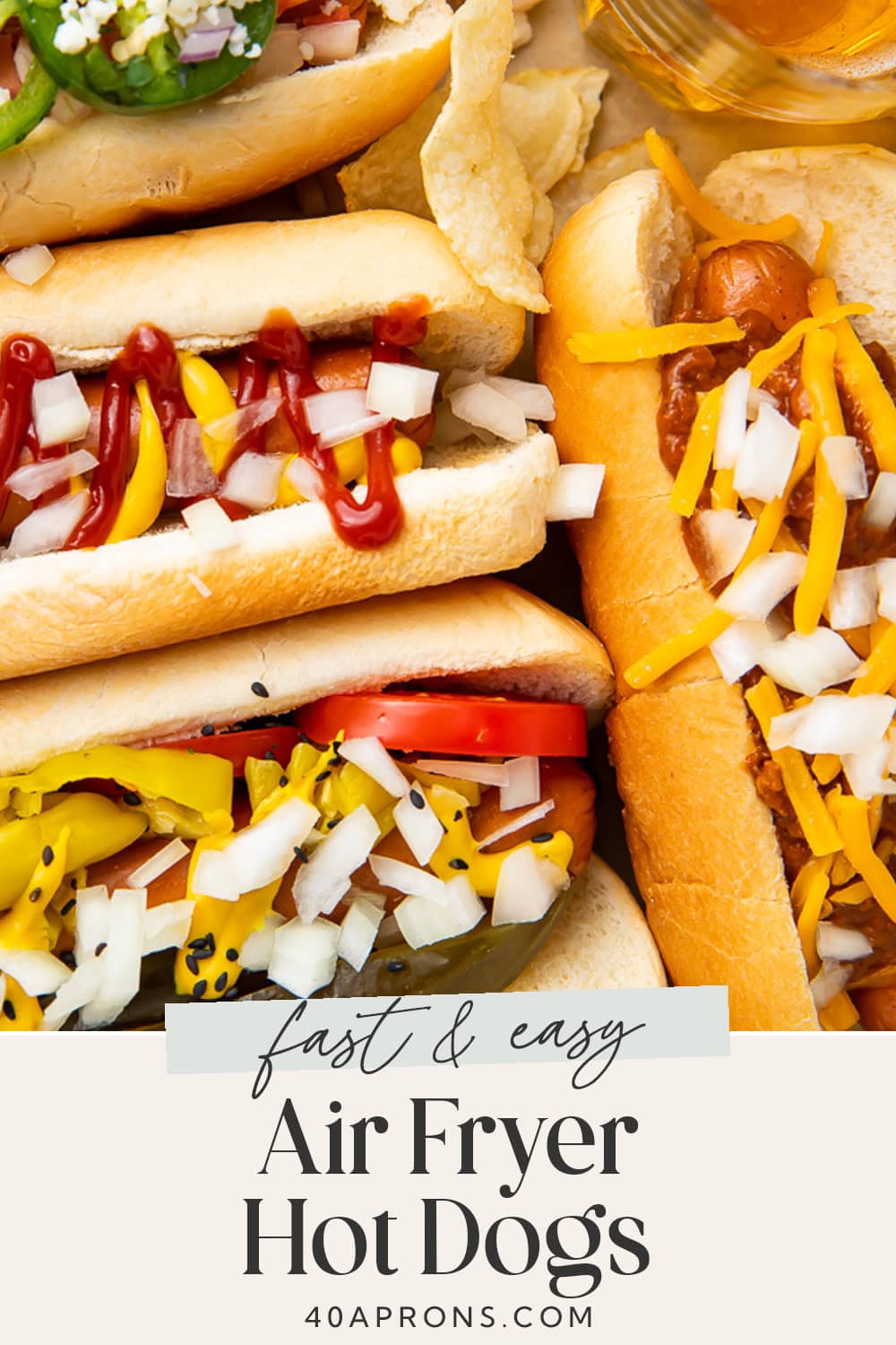 Pin graphic for air fryer hot dogs.