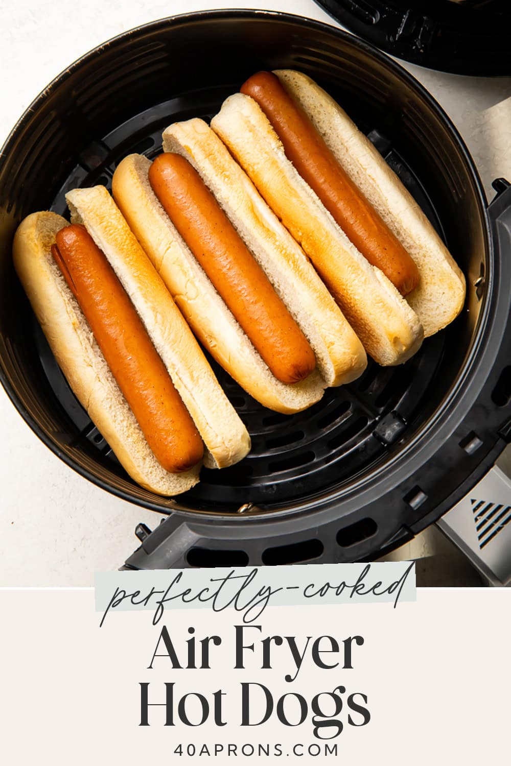 Pin graphic for air fryer hot dogs.