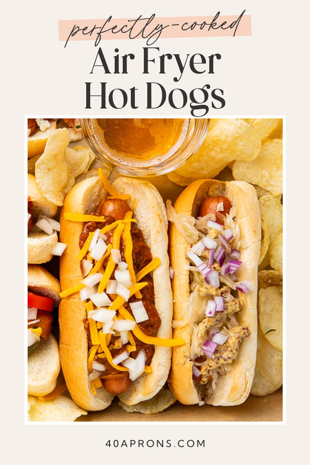 Pin graphic for air fryer hot dogs.