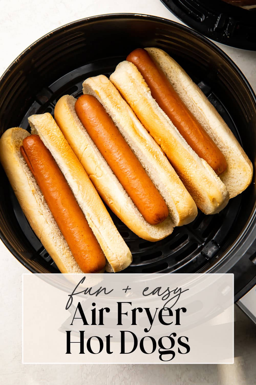 Pin graphic for air fryer hot dogs.