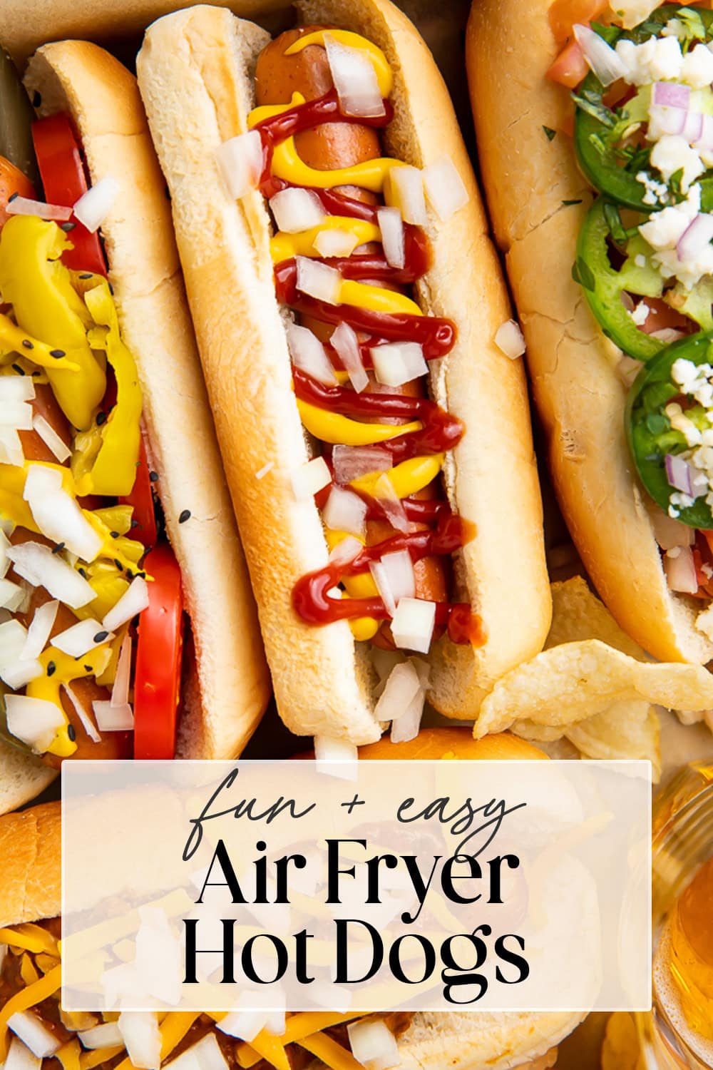 Pin graphic for air fryer hot dogs.