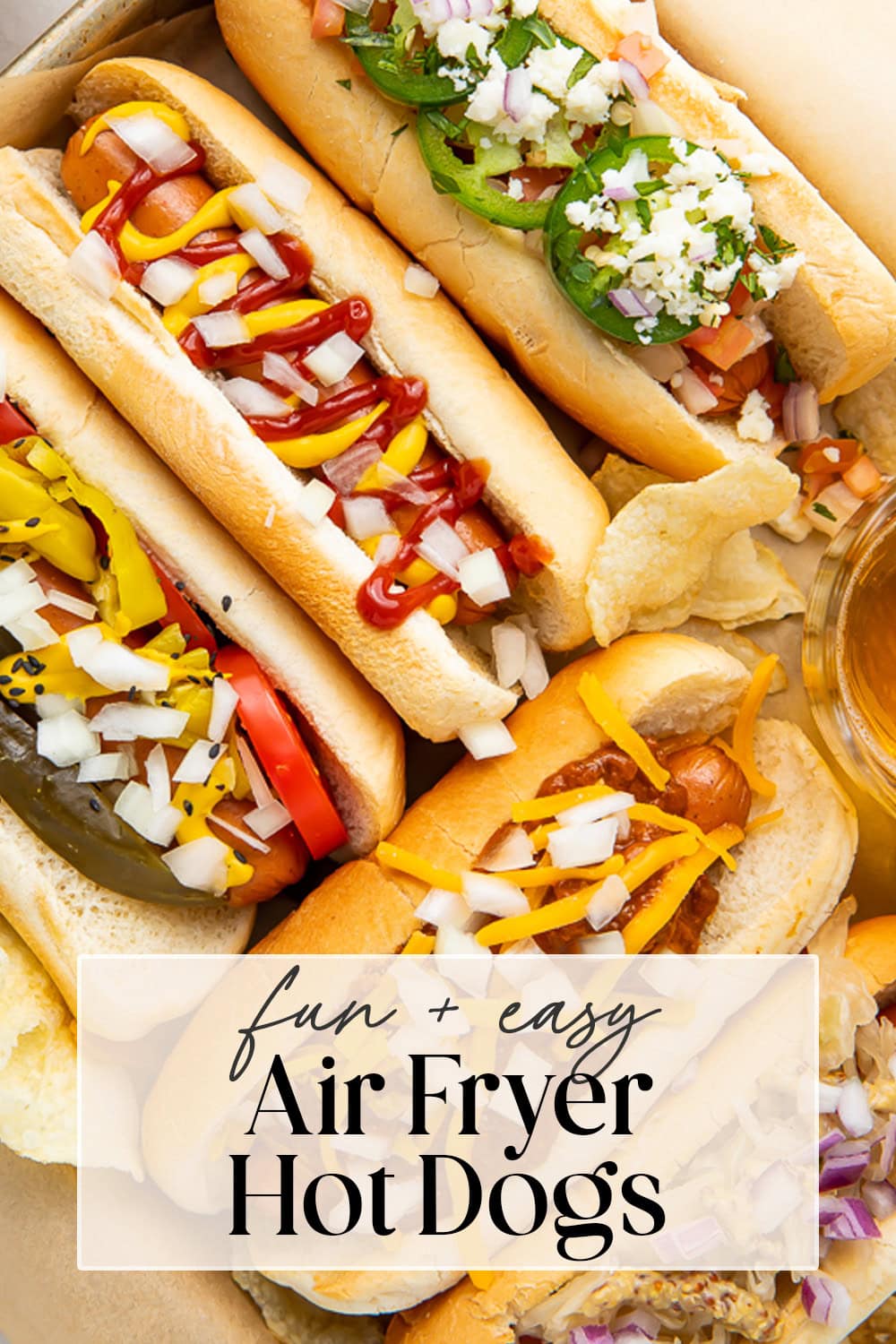 Pin graphic for air fryer hot dogs.