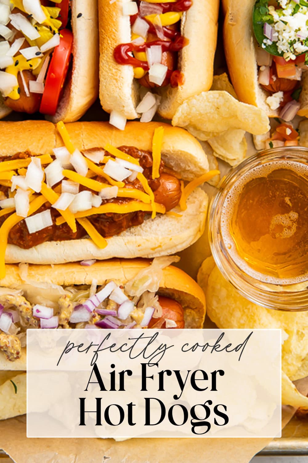 Pin graphic for air fryer hot dogs.