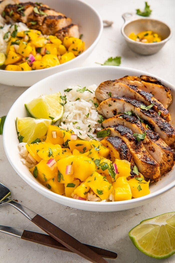 Jerk Chicken Bowls with Mango Salsa and Coconut Rice