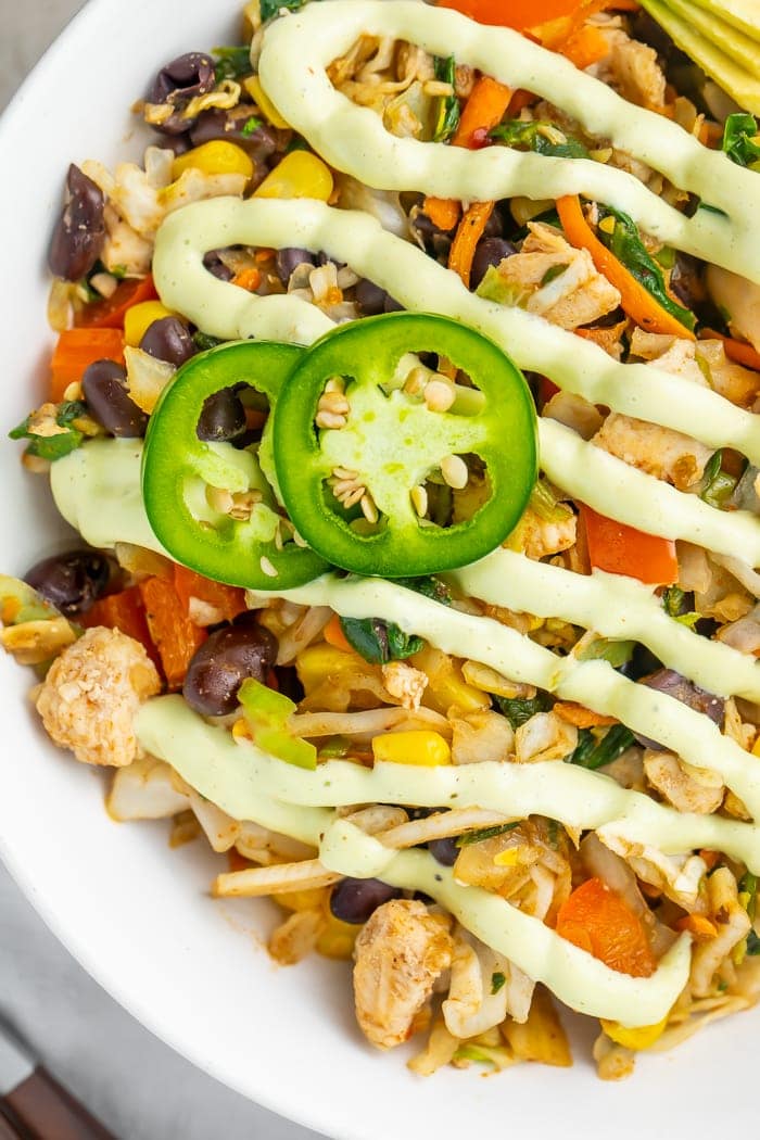 Close-up of Southwestern egg roll in a bowl