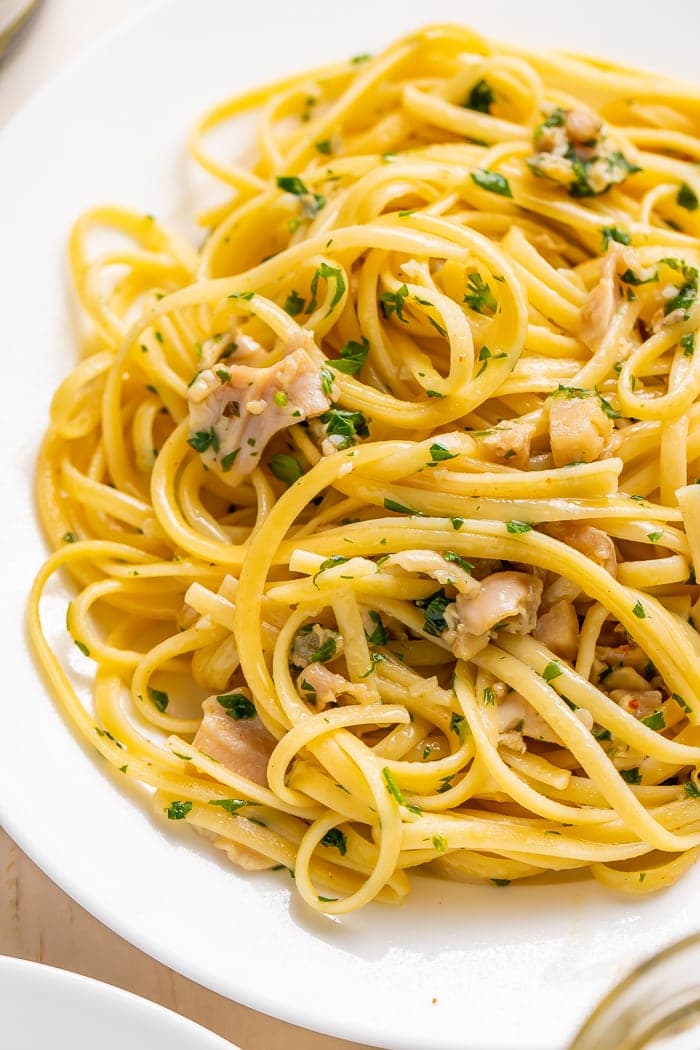 Close-up of white clam sauce pasta on a plate