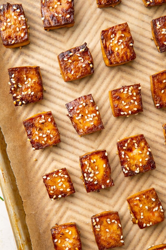 Baked tofu on a baking sheet