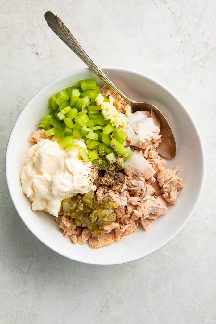 Ingredients for keto tuna salad in a bowl