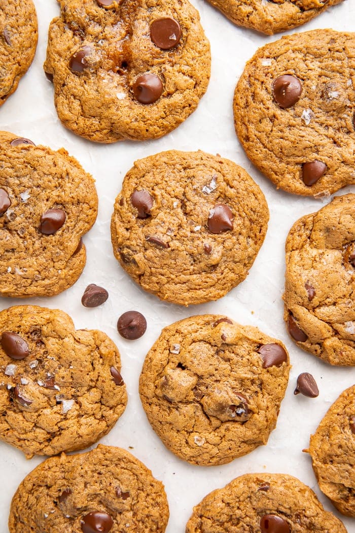 Paleo chocolate chip cookies on parchment paper