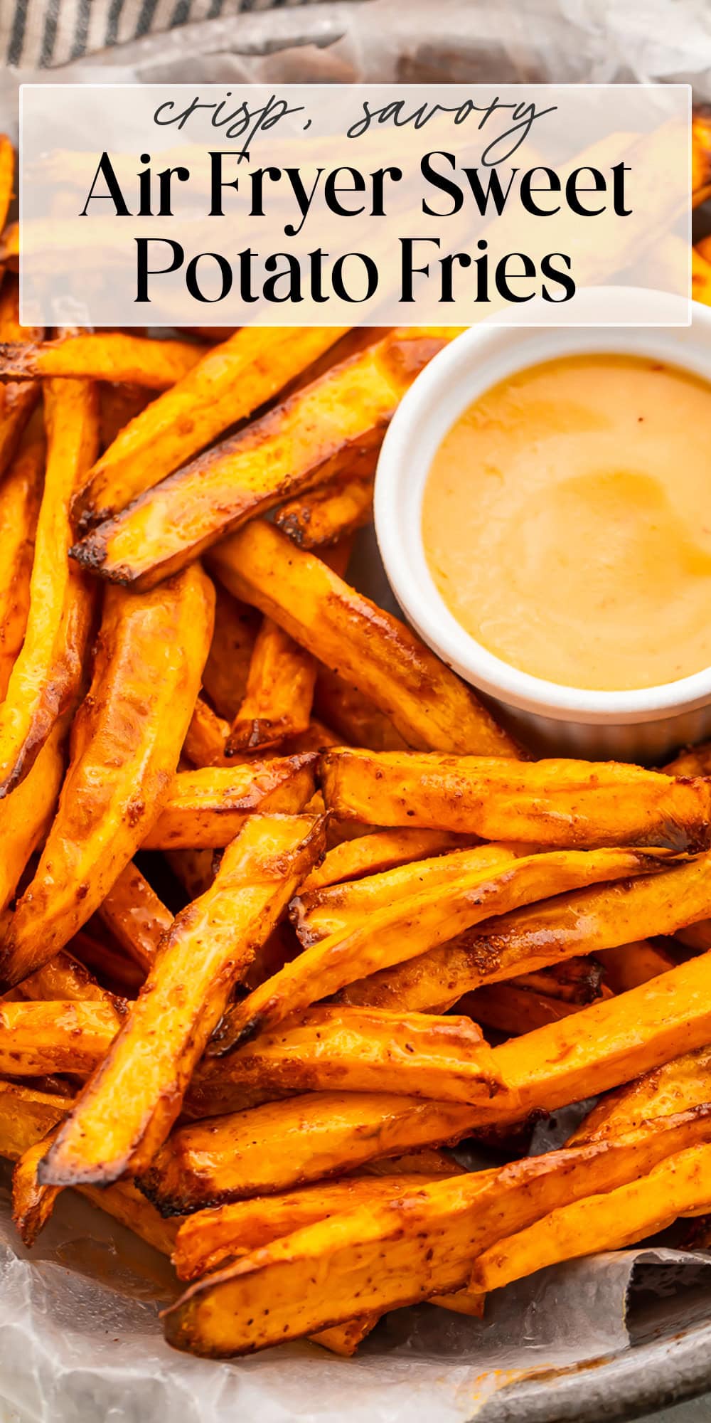 Pin graphic for air fryer sweet potato fries.