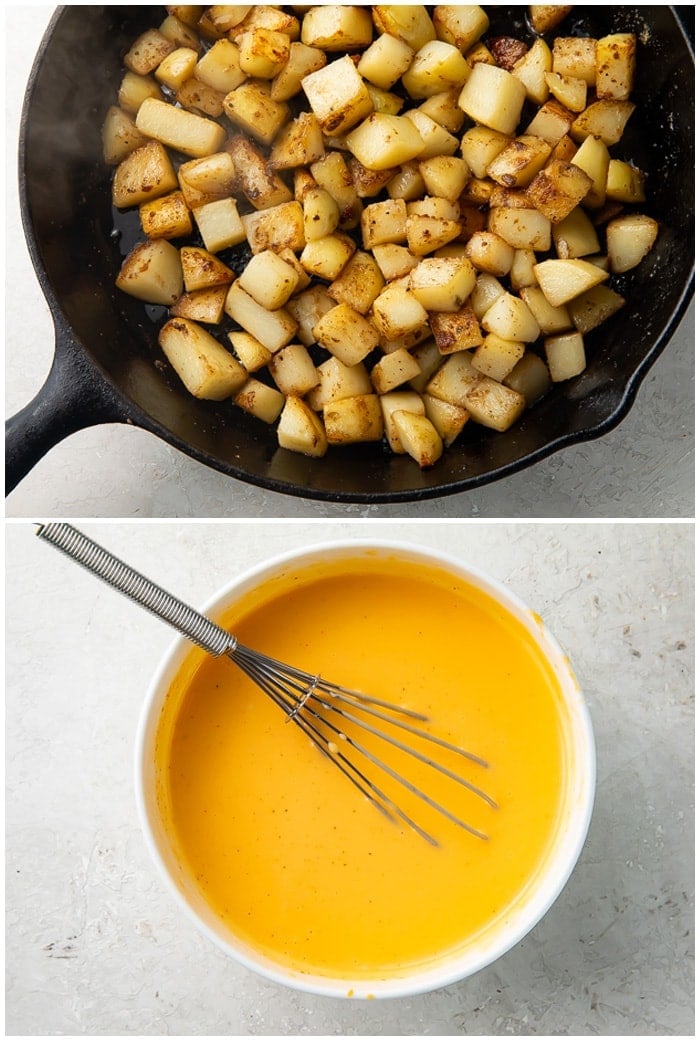 Instructions for cheesy fiesta potatoes showing a skillet with potato cubes cooking and nacho cheese dip being stirred in a bowl